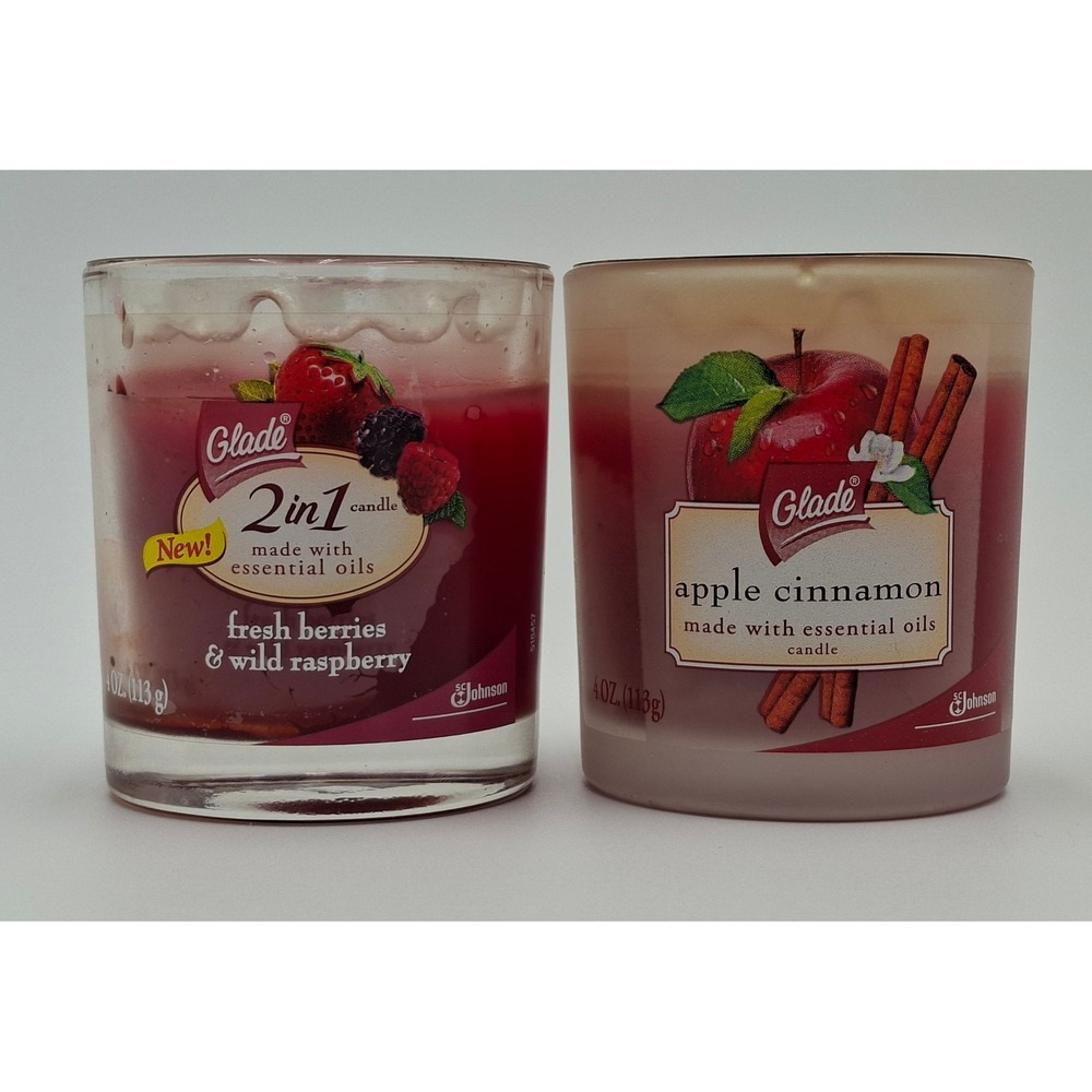 Glade Candle Set 4oz Apple Cinnamon & Fresh Berries Wild Raspberry Essential Oil